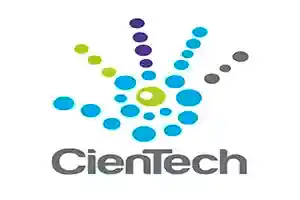 Innovador logotipo de CienTech con diseños de puntos en tonos verdes, azul y gris.