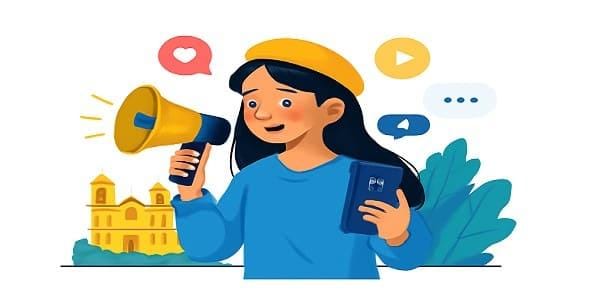 Mujer usando megáfono y teléfono móvil en entorno digital.
