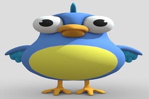 Personaje de dibujos animados con ojos grandes y cuerpo azul y amarillo.
