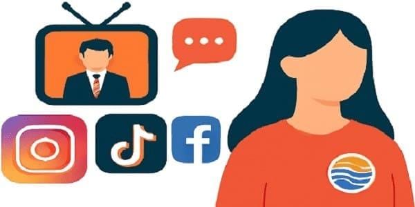 Prensa local 1 Ilustración de una mujer y iconos de redes sociales y comunicación.