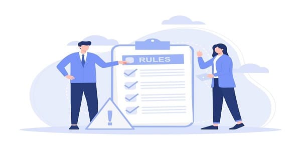 Políticas y cumplimiento 1 Dos personas discuten sobre reglas en un entorno digital.