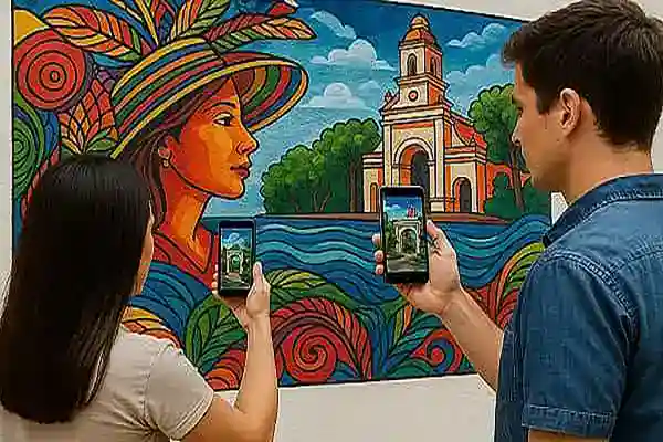 Puntos interactivos 5 Personas tomando fotos de un mural colorido y vibrante en Lorica.