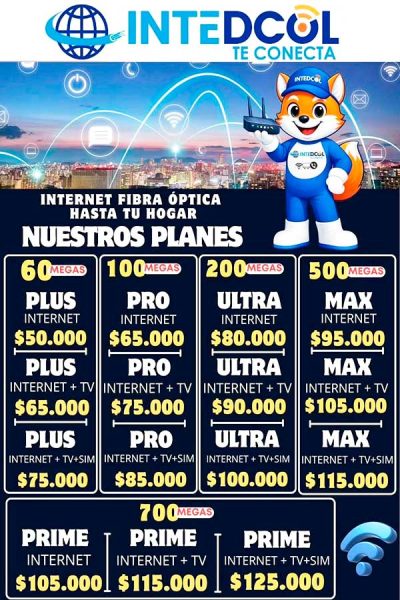 Oferta de planes de internet fibra óptica en Lorica con diferentes velocidades y precios.